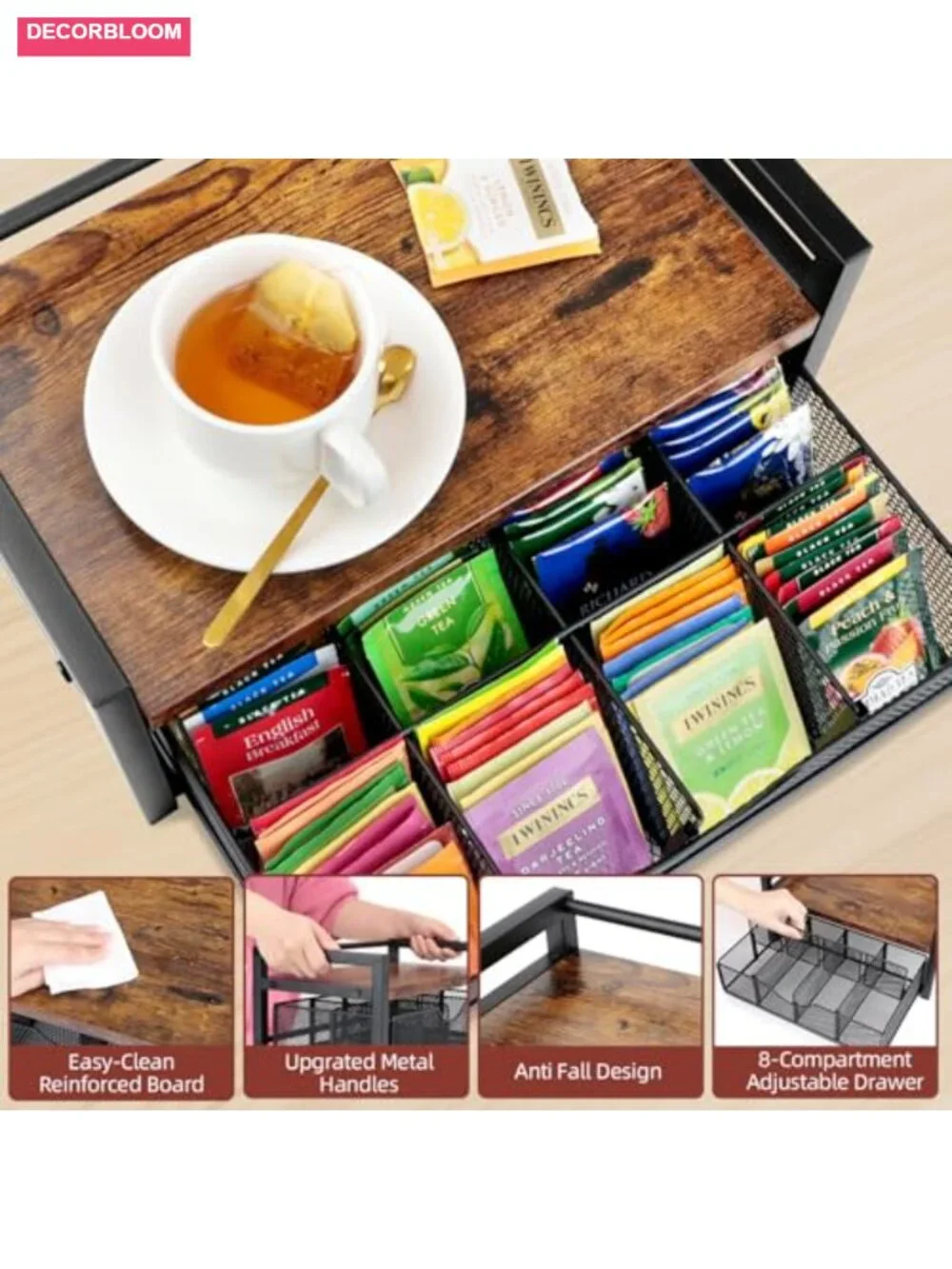 Tea Bag Organizer with 8-Compartment Adjustable Drawer, Wood & Metal Tea Chest